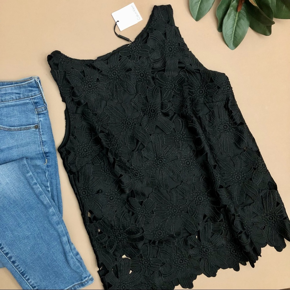 Calvin Klein Black Floral Lace Sleeveless Shell Top - Picture 5 of 16